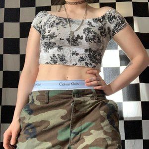 black and white floral off the shoulder crop top